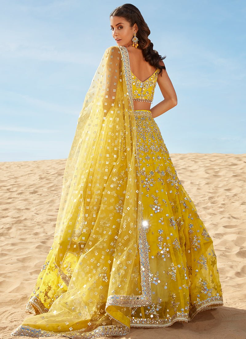 Yellow Mirror Embroidered Organza Lehenga - Lashkaraa