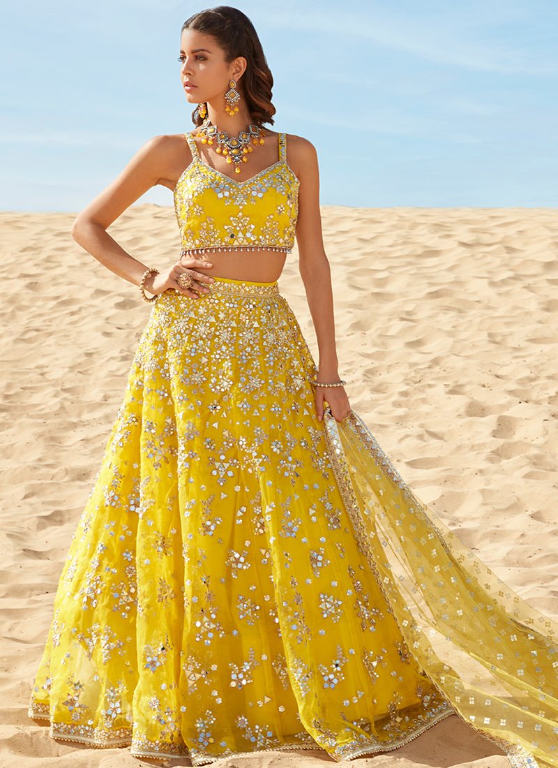 Yellow Mirror Embroidered Organza Lehenga - Lashkaraa