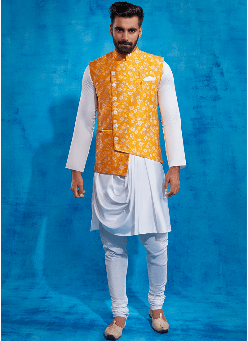 Yellow Printed Nehru Jacket and Drape Style Kurta Set - Lashkaraa